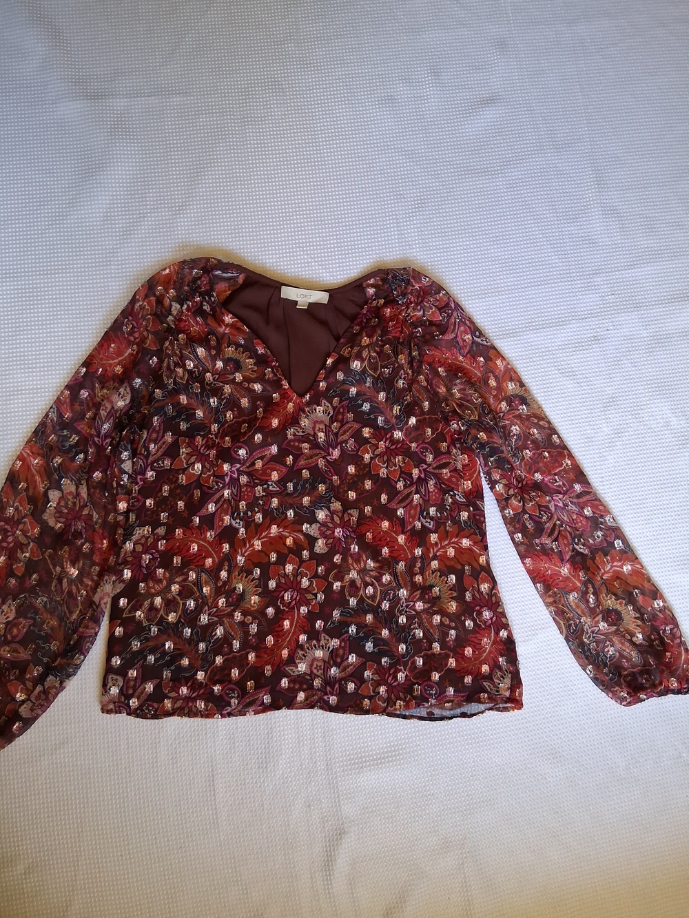 LOFT Burgundy Floral V-Neck Long Sleeve Blouse